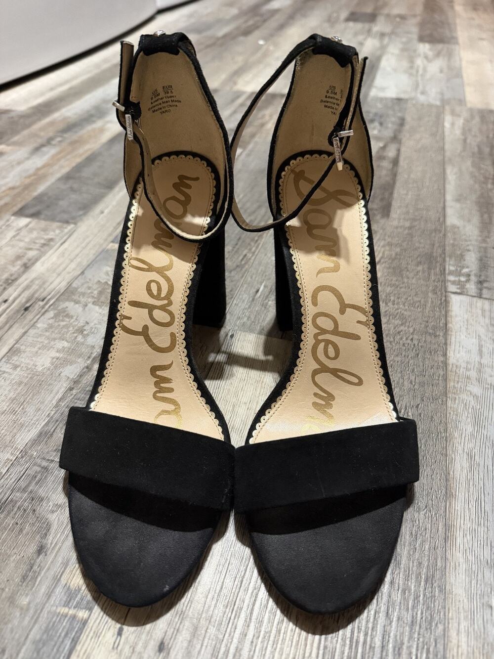 SAM EDELMAN Yaro Ankle Strap Block Heel Sandals Black Suede Leather Sz 9.5